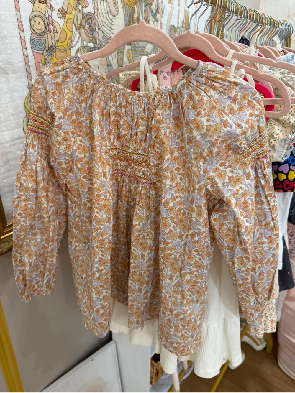 Bonpoint Floral Smocked Long-Sleeve Blouse in Mustard and Cream